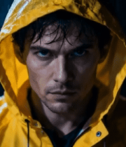 穿黄色雨衣男子雨中特写(1)9374#横屏 