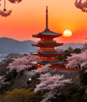 日落时樱花环绕的古建筑3206#横屏 