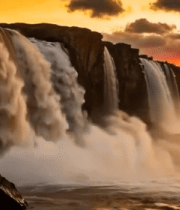 日落时分的壮丽瀑布景观381#横屏 