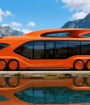 橙色新能源巴士停在山水间973#横屏 