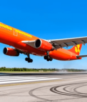 橙色客机机场跑道起飞1319#横屏 