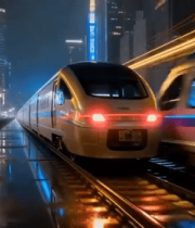 城市夜景中行驶的列车素材8456#横屏 