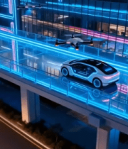 城市夜景中高架上行驶的汽车2999#横屏 