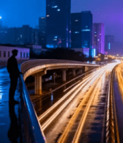 城市夜景中桥上人物与车流素材()703#横屏 