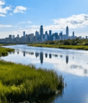 城市天际线与河畔风光全景9035#横屏 