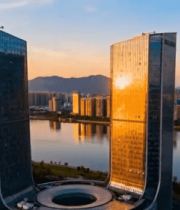 城市双子楼建筑航拍全景7412#横屏 