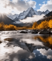 秋日雪山下的溪流自然风光11054#横屏 