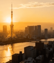 城市日落时分高楼与河流景观14958#横屏 