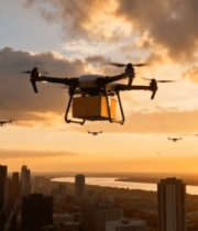 城市上空飞行的无人机群11308#横屏 