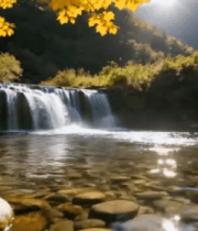 秋日山林中的溪流瀑布景观12535#横屏 