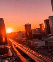 城市日落时分高楼与车流景象12848#横屏 