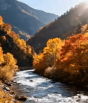 秋日山间公路河流风景 ()4885#横屏 