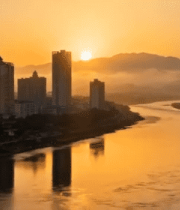 城市日出风光河流与古建筑10179#横屏 