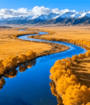 秋季旷野河流雪山风光8099#横屏 