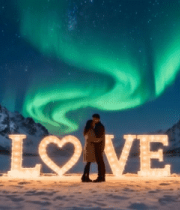 情侣在极光下雪景中相拥5992#横屏 