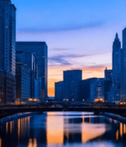 城市河流畔摩天大楼黄昏景观1052#横屏 
