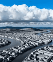 城市河流上空鸟瞰全景5713#横屏 