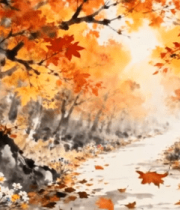 秋日枫叶林水墨风小路景象215#横屏 