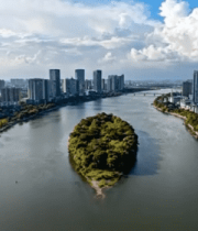 	 城市河流两岸风光航拍素材840#横屏 