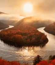 秋季山谷河流日出风景3923#横屏 