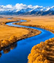 秋季旷野河流雪山航拍风景10507#横屏 