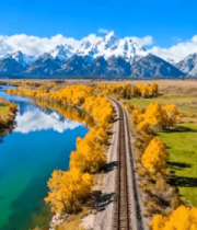 秋季山川河流铁路自然风光4393#横屏 