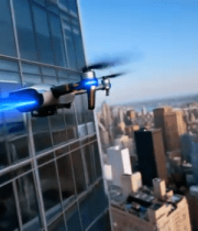 城市高楼间飞行的无人机画面5056#横屏 