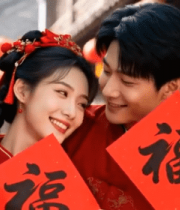 情侣古装手持福字站在古街14910#横屏 