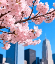 城市高楼旁盛开的樱花8109#横屏 