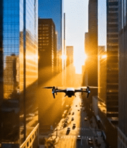 城市高楼间飞行的无人机8180#横屏 