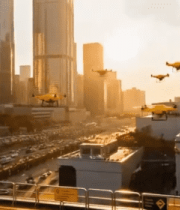 城市高楼前停机坪上的无人机3339#横屏 