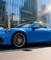 城市道路蓝色跑车行驶画面14306#横屏 