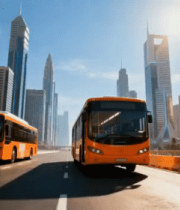 城市道路上行驶的橙色公交车6936#横屏 