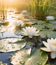 清晨荷塘睡莲与荷叶景观13356#横屏 