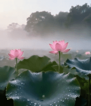 晨雾中荷塘荷花荷叶景观7622#横屏 