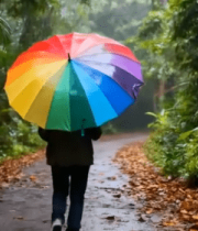 撑彩虹伞的人雨中漫步林间879#横屏 