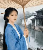 撑伞古装女子漫步水乡10490#横屏 