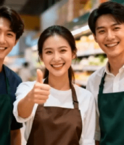 超市工作人员竖大拇指合影12388#横屏 