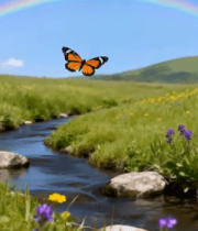 草地小溪上的蝴蝶与彩虹8213#横屏 