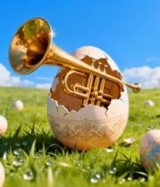 草地上蛋壳中露出的金色小号10775#横屏 