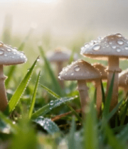 草地上带露珠的蘑菇特写14726#横屏 