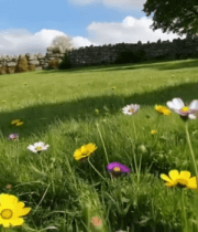 草地野花与石墙风景5851#横屏 