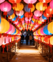 彩色灯笼装饰的夜间行人小道10463#横屏 