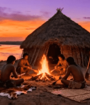 部落人群围篝火而坐场景9007#横屏 