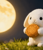 白兔手持月饼与圆月画面14279#横屏 