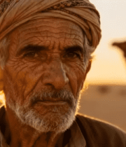 沙漠中戴头巾老人与骆驼6662#横屏 