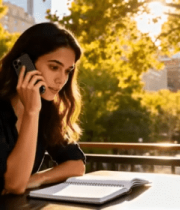 户外桌边女性打电话记笔记9807#横屏 