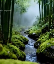  竹林间溪流自然风光4374#竖屏 	 