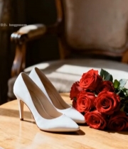  桌上新娘高跟鞋与红玫瑰6510#竖屏 	 