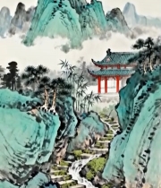  中式山水古风建筑画作4387#竖屏 	 